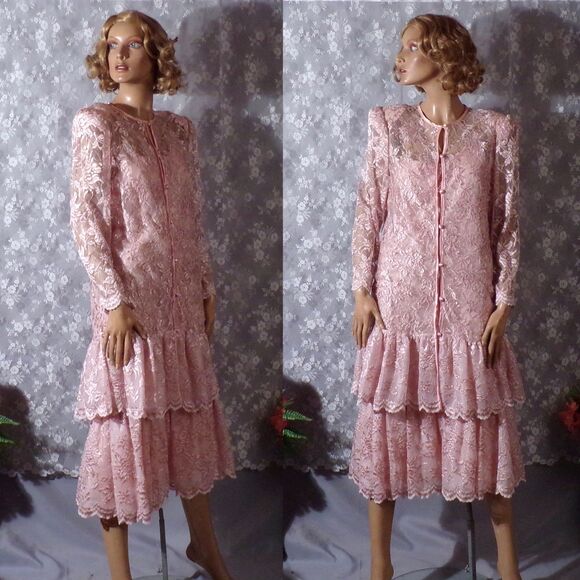 Vintage 80s Dress 1980s Pink Lace Ruffle Wedding Cocktail Pretty Size Medium - Picture 1 of 6